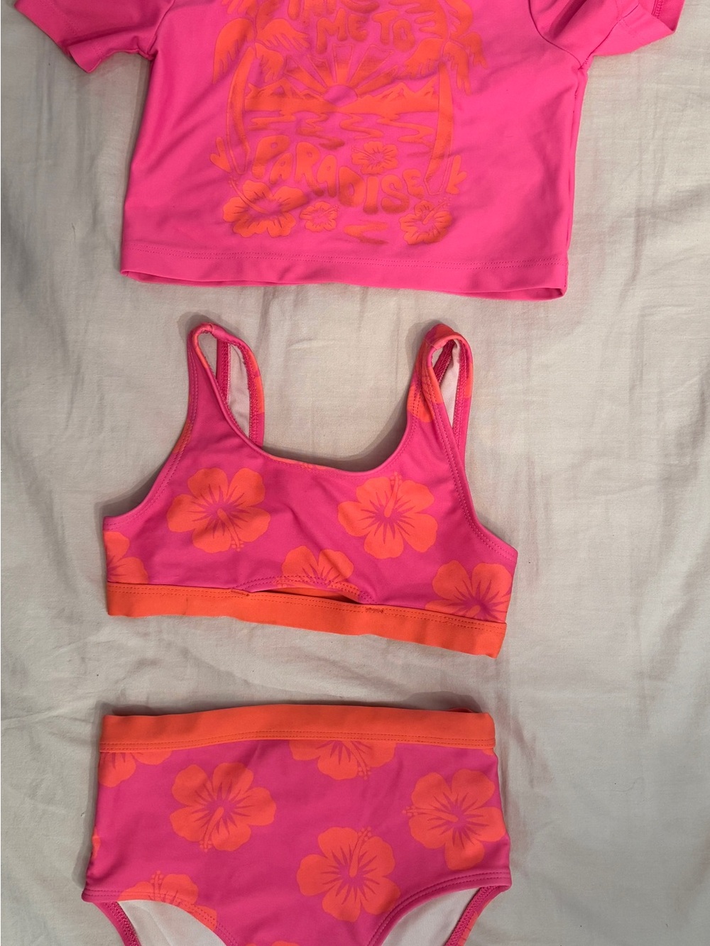 Old Navy Pink & Orange Floral Girls Swim Set - Rash Top, Bikini Top & Bottoms